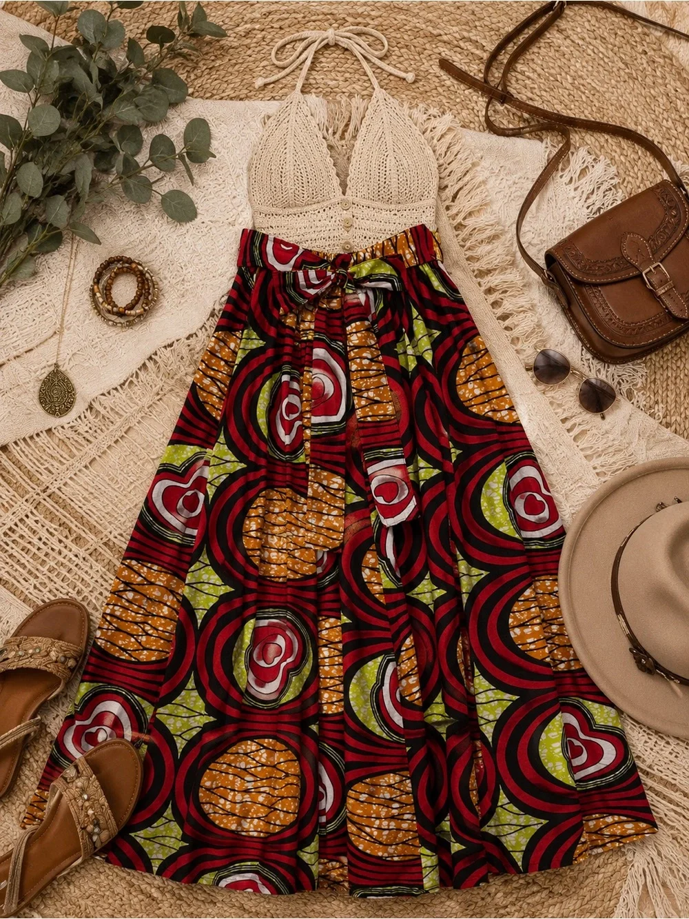 Boho African Print Maxi Skirt | Tie Waist | Side Pockets | Full Sweep